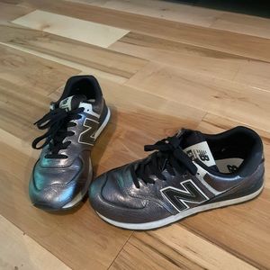 Metallic, new balance sneakers, satin lined, size 9